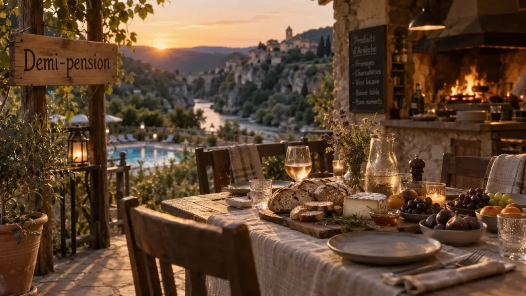 Camping demi pension Ardeche : dîner sur place, terrasse au coucher du soleil
