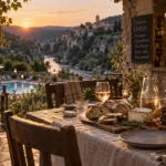 Camping demi pension Ardeche : dîner sur place, terrasse au coucher du soleil