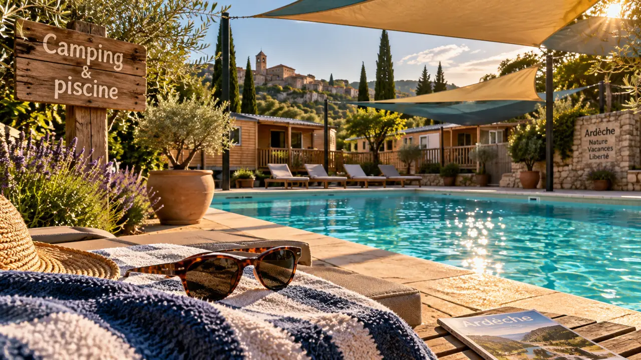 Camping Joyeuse Ardèche avec piscine : transats au bord de l’eau turquoise