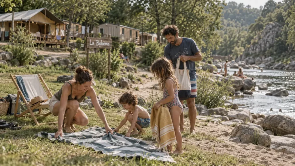 Camping La Boheme au bord de la rivière : plage herbeuse et emplacement