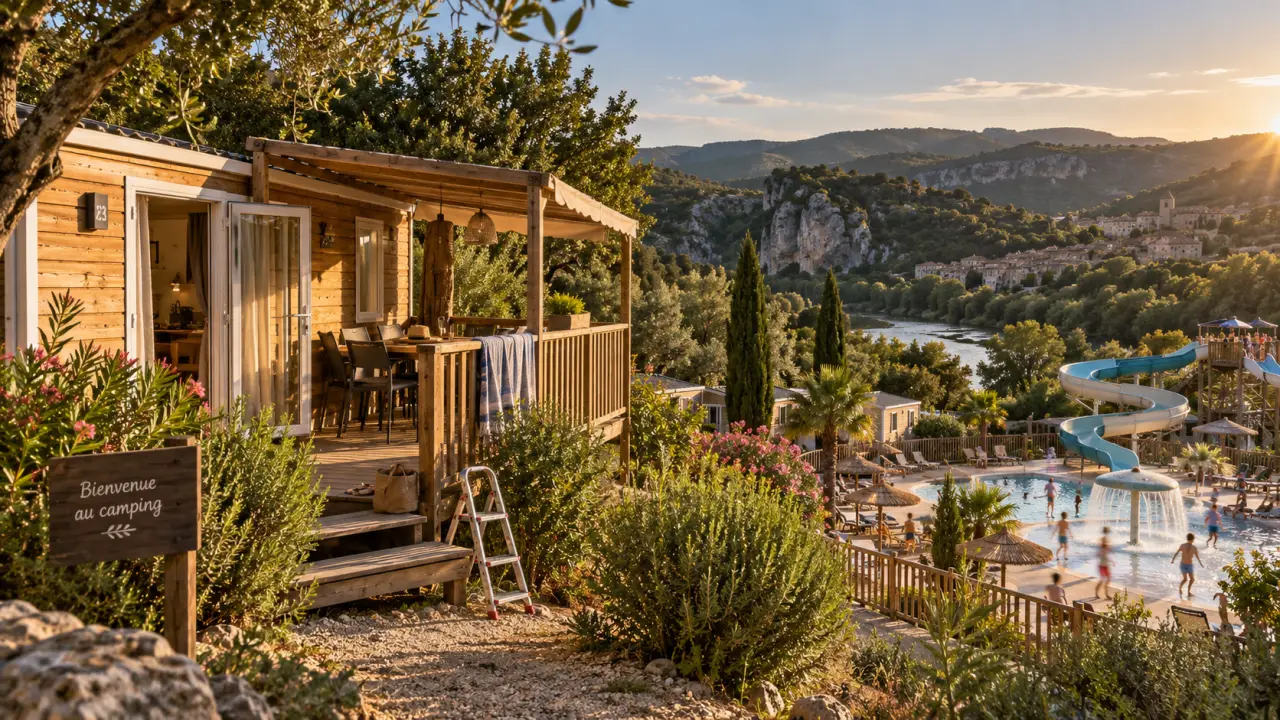 Camping merle roux ardèche : terrasse et pente vers parc aquatique avec toboggans
