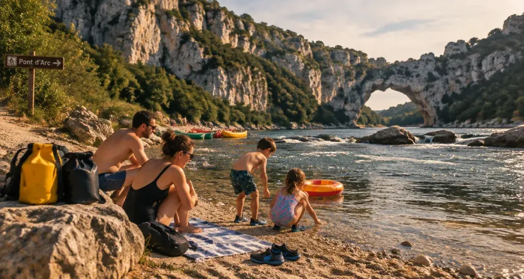 Coins de baignade en Ardèche à Pont d’Arc, famille sur la berge