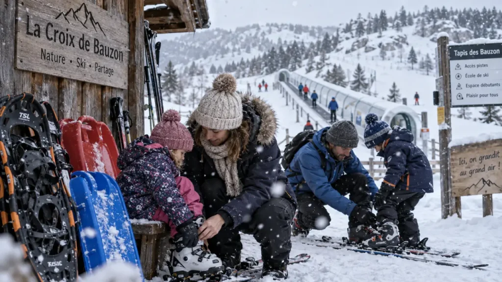 Croix de Bauzon ski : famille devant une piste