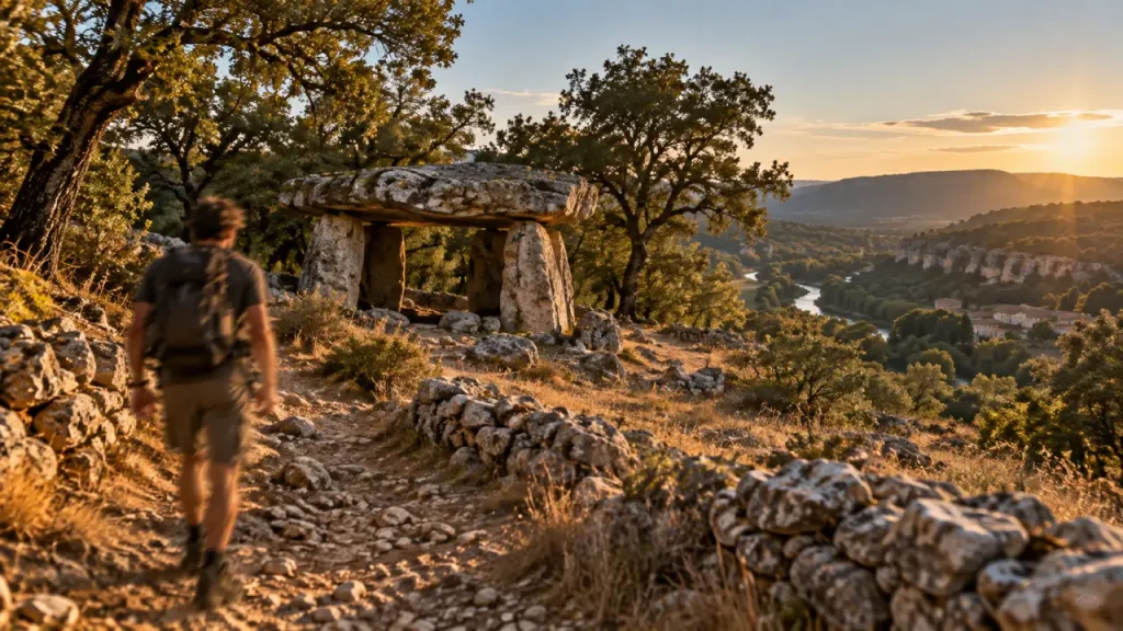 Dolmen du calvaire à Saint-Alban-Auriolles, sentier et chênes au coucher du soleil