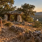 Dolmen du calvaire à Saint-Alban-Auriolles, sentier et chênes au coucher du soleil