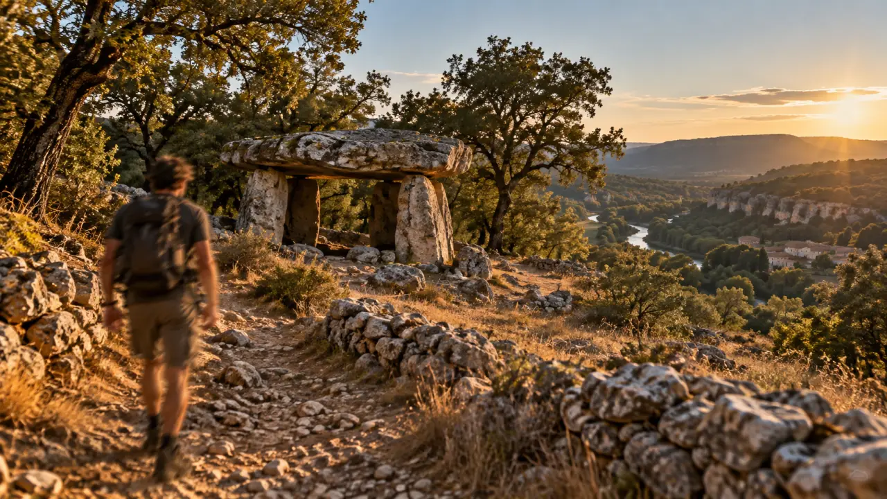 Dolmen du calvaire à Saint-Alban-Auriolles, sentier et chênes au coucher du soleil