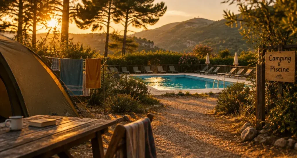 Emplacement camping Ardèche avec piscine, tente à l’ombre et accès à la piscine