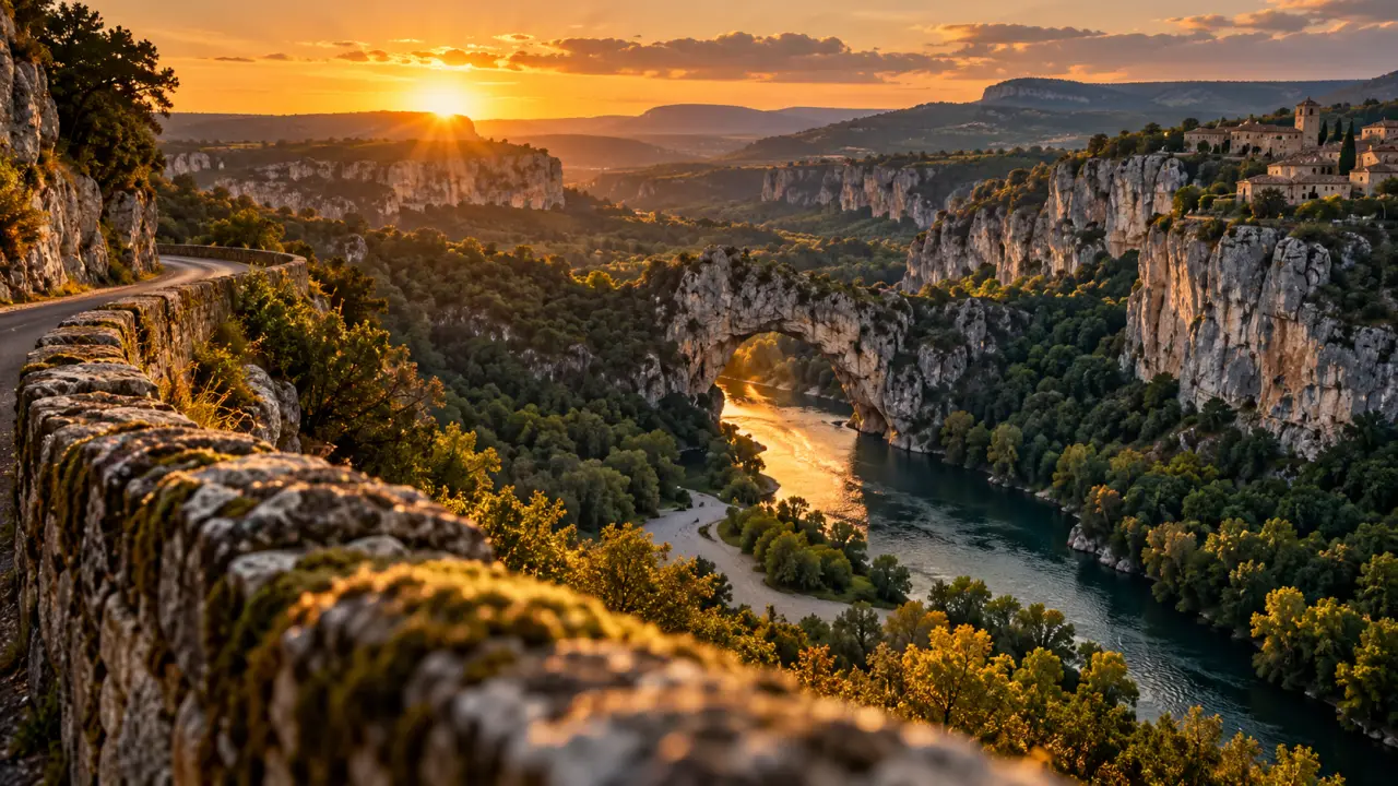 Endroit à visiter en Ardèche : Pont d’Arc et gorges au coucher du soleil