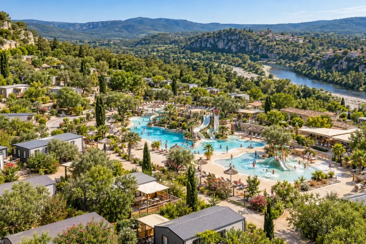 Camping Merle Roux Ardèche avec parc aquatique et mobil-homes dans la vallée