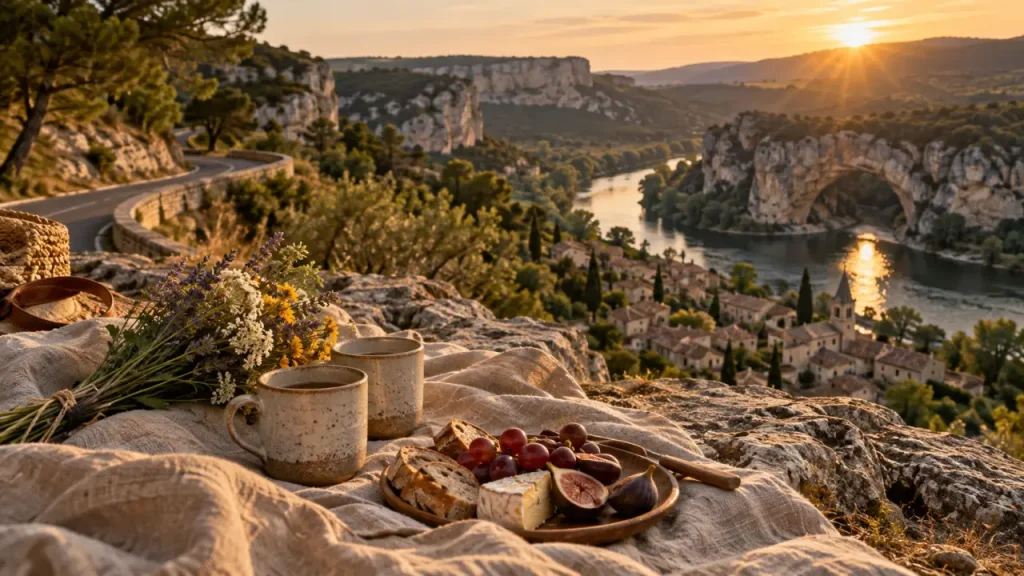 Où aller en Ardèche en couple : pique-nique au calme golden hour