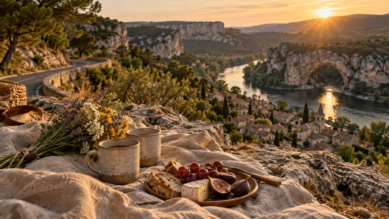 Où aller en Ardèche en couple : pique-nique au calme golden hour