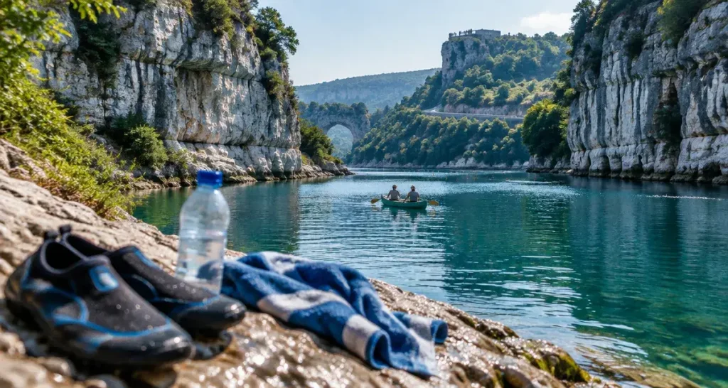 Où aller en Ardèche l’été : canoë sur l’eau turquoise des Gorges près de Vallon-Pont-d’Arc