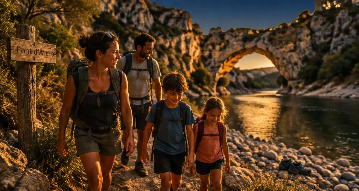 Que faire en Ardèche en famille : marche vers le Pont d’Arc avec enfants sur sentier