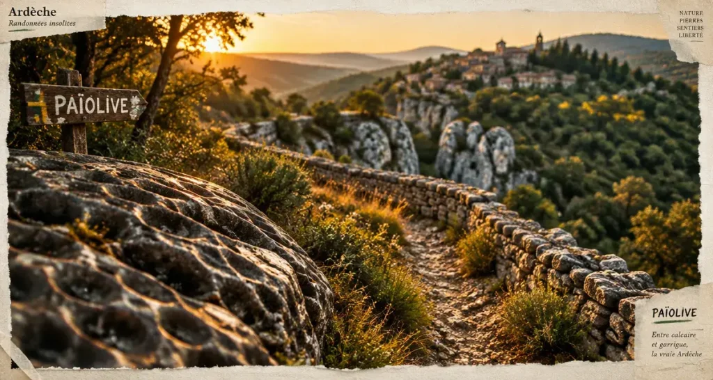 Randonnée insolite Ardèche : sentier en lapiès et murets de pierre sèche, chaos calcaire et village