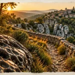 Randonnée insolite Ardèche : sentier en lapiès et murets de pierre sèche, chaos calcaire et village