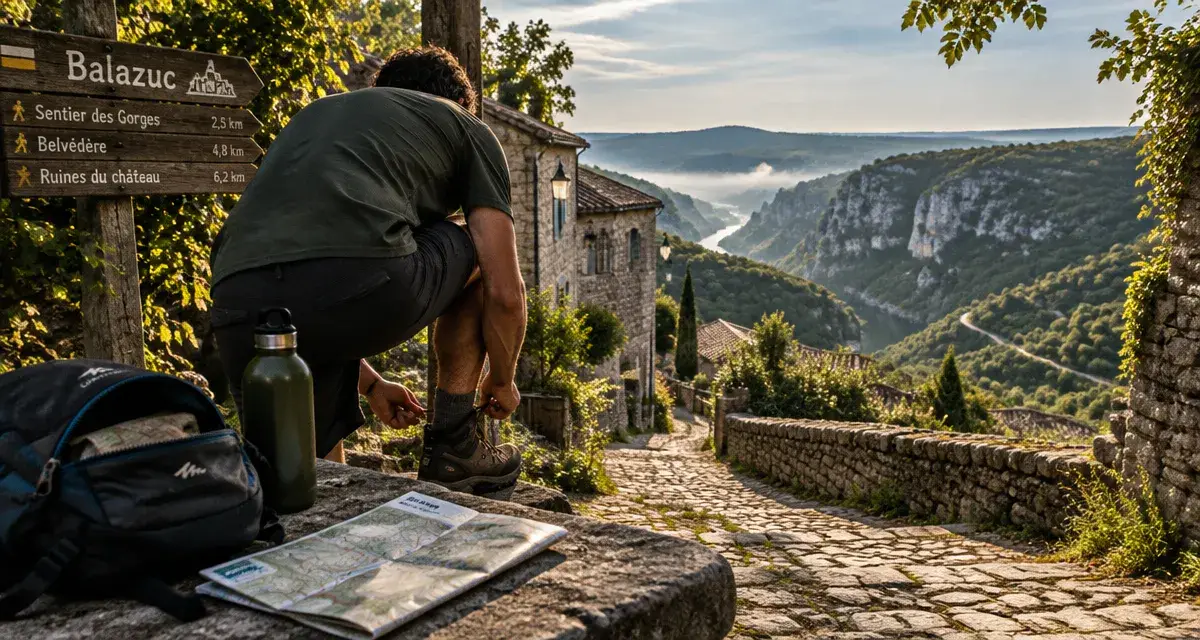 Séjour randonnée Ardèche : randonneur à Balazuc, ruelle et gorges au loin