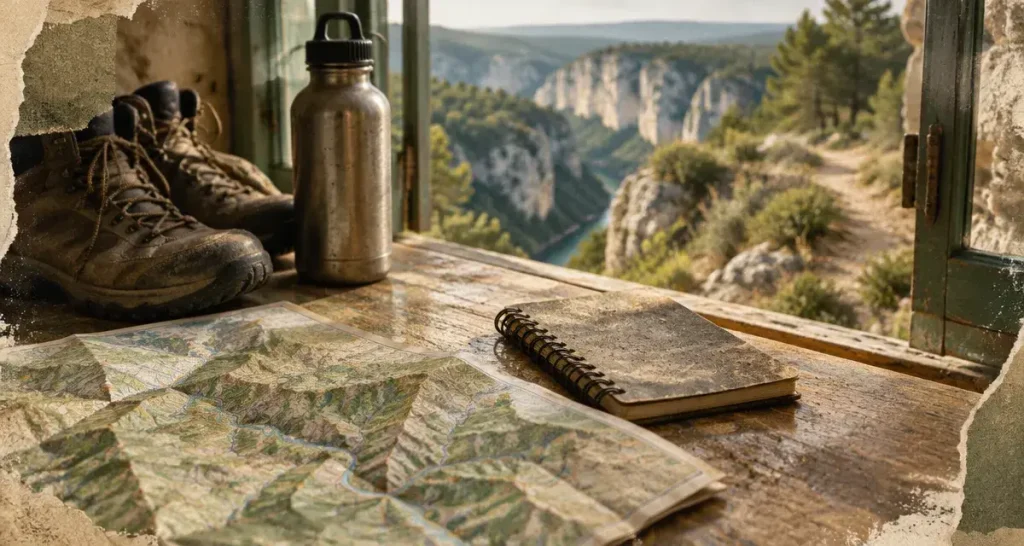 Séjours randonnée Ardèche : carte et chaussures au sentier, gorges