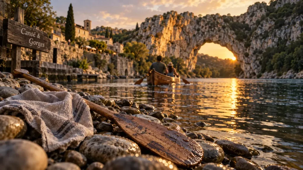 Vacances en Ardèche : aller en canoë vers les gorges, Pont d’Arc au bord de l’eau